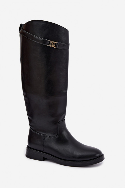 Schwarze Damen kniehohe Stiefel mit breiten Absätzen und dekorativen Riemen Tarelle