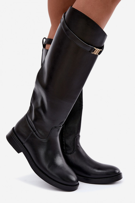 Zwarte dames kniehoog laarzen met brede hakken en decoratieve riemen Tarelle