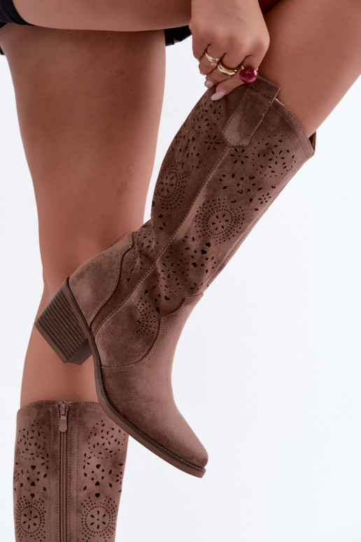 Garena bruine cowboy-stijl lange laarzen met uitsparingen
