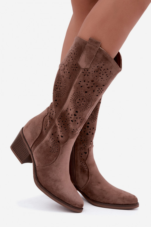 Garena bruine cowboy-stijl lange laarzen met uitsparingen