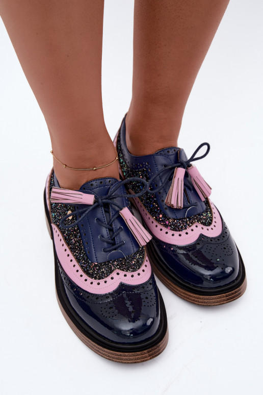 Dames leren schoenen met veters en kwastjes Tai turiciejka K7816-17 in donkerblauw