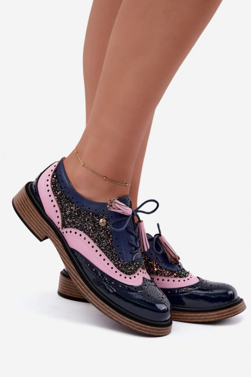 Dames leren schoenen met veters en kwastjes Tai turiciejka K7816-17 in donkerblauw