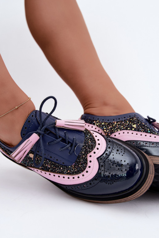 Dames leren schoenen met veters en kwastjes Tai turiciejka K7816-17 in donkerblauw