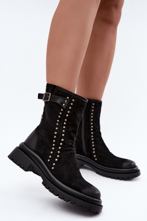Wärmende Damenstiefeletten aus Kunstveloursleder mit Schnallen Tai turiciejka K7727-01 in Schwarz