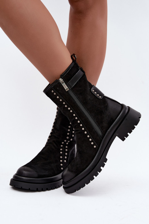 Wärmende Damenstiefeletten aus Kunstveloursleder mit Schnallen Tai turiciejka K7727-01 in Schwarz