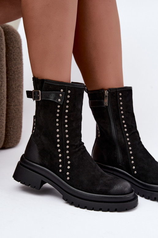 Wärmende Damenstiefeletten aus Kunstveloursleder mit Schnallen Tai turiciejka K7727-01 in Schwarz