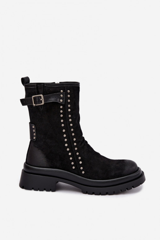 Wärmende Damenstiefeletten aus Kunstveloursleder mit Schnallen Tai turiciejka K7727-01 in Schwarz