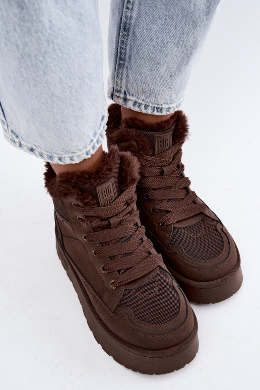 Damen Schneestiefel mit Schnürsenkeln und Fell dunkelbraun Big Star
