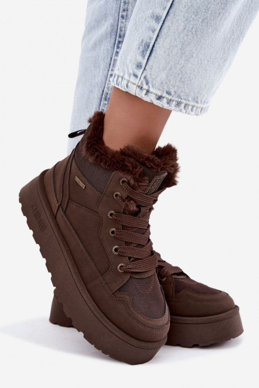 Damen Schneestiefel mit Schnürsenkeln und Fell dunkelbraun Big Star