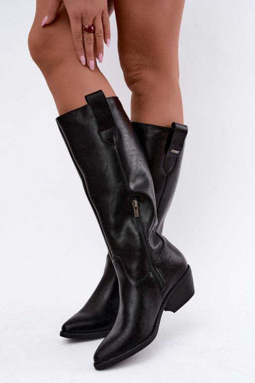 natürliches Leder Damenstiefel bis zum Knie mit niedrigem Absatz isoliert Big Star UU274521 in schwarzer Farbe