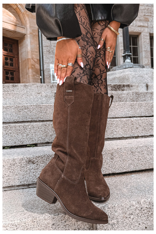 bottes hautes en daim synthétique pour femmes à petit talon isolées Big Star UU274519 couleur chocolat