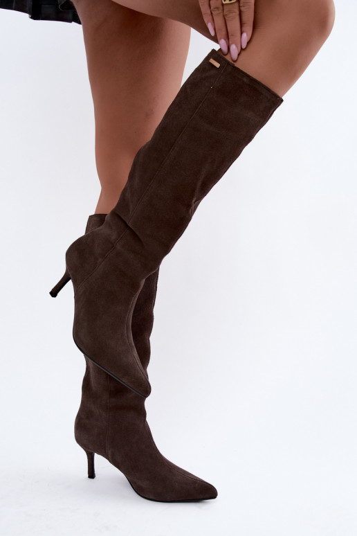 bottes hautes en daim synthétique avec talons fins isolées modèle à enfiler Big Star UU274495 couleur marron foncé