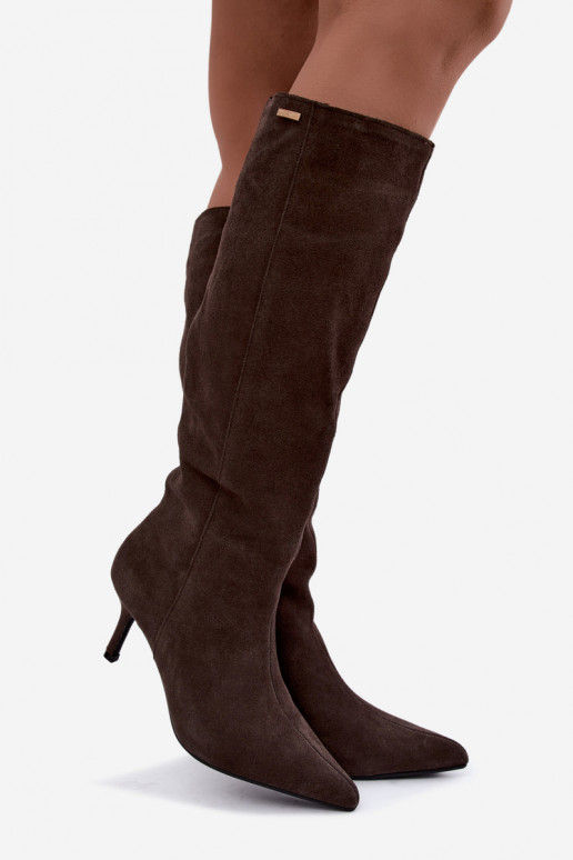 bottes hautes en daim synthétique avec talons fins isolées modèle à enfiler Big Star UU274495 couleur marron foncé