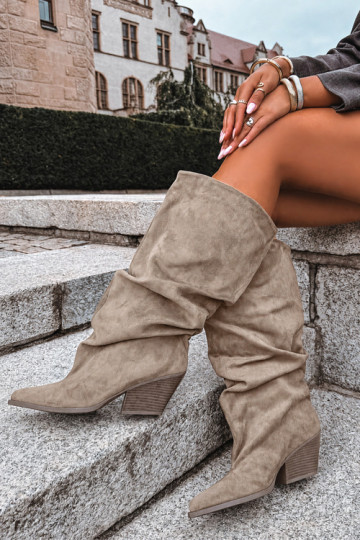 Khaki dameskniehoge laarzen met gebogen bovenkant en hakken in suede Durela