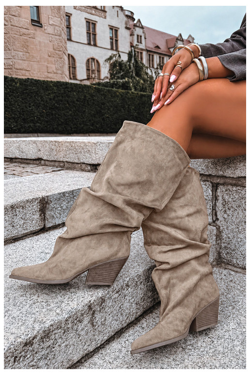 Khaki Damenstiefel mit gebogenem Schaft und Absätzen aus Veloursleder Durela