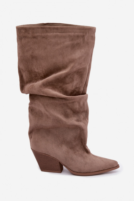 Khaki Damenstiefel mit gebogenem Schaft und Absätzen aus Veloursleder Durela