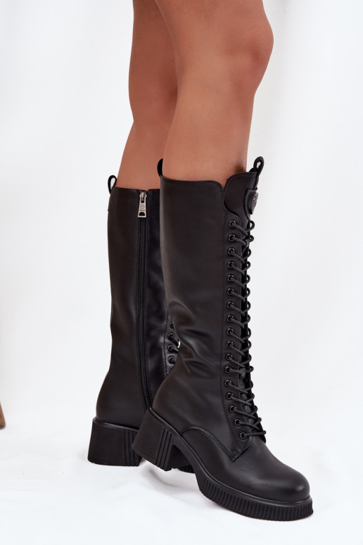 Bottines en cuir longues à lacets et talons, chaudes Vinceza 66804 noires