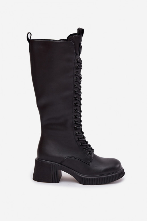 Vinceza 66804 schwarze warme lange Lederstiefel für Damen mit Schnürsenkeln und Absatz