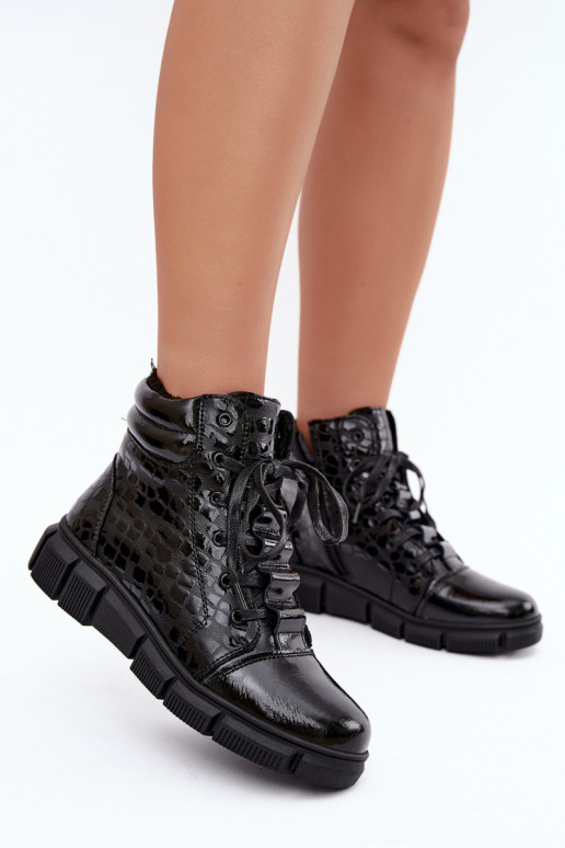 Bottines isolées pour femmes en simili cuir avec effet verni noir Canelia