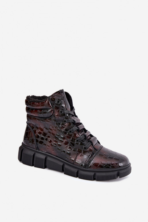 Gevoerde dames enkellaarsjes van faux leer met lak effect bordeaux Canelia