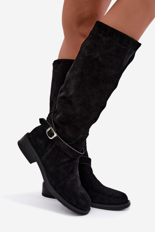 Kniehoge laarzen van faux suede met gespen Vinceza zwart