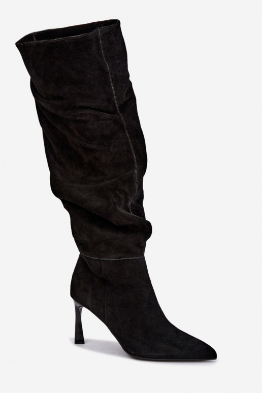 Bottes hautes en daim synthétique Slouchy avec talons fins Vinceza 89170 en couleur noire