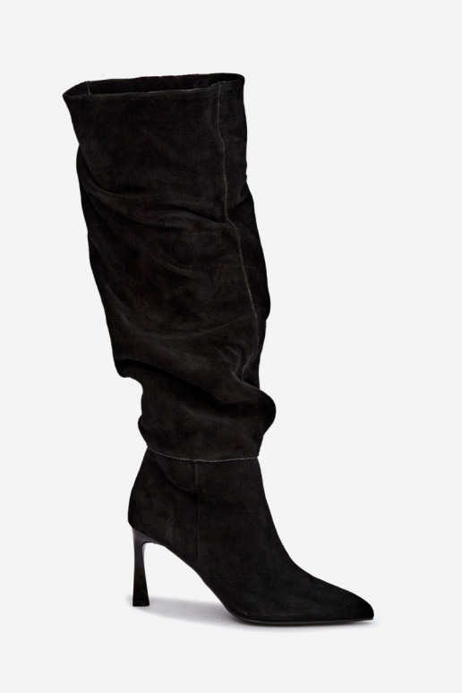Bottes hautes en daim synthétique Slouchy avec talons fins Vinceza 89170 en couleur noire