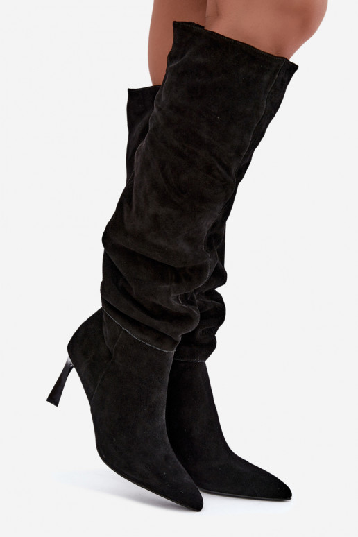 Bottes hautes en daim synthétique Slouchy avec talons fins Vinceza 89170 en couleur noire