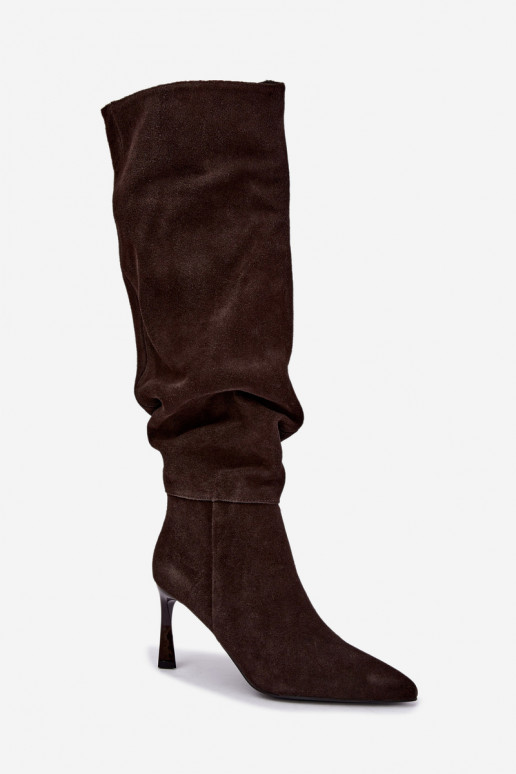 Bottes hautes en daim synthétique Slouchy avec talons fins Vinceza 89170 en couleur chocolat