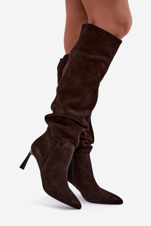 Bottes hautes en daim synthétique Slouchy avec talons fins Vinceza 89170 en couleur chocolat