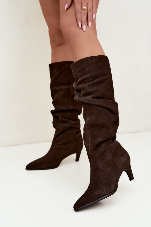 Bottes hautes en daim synthétique isolées Slouchy avec talons Vinceza 89167 en couleur chocolat
