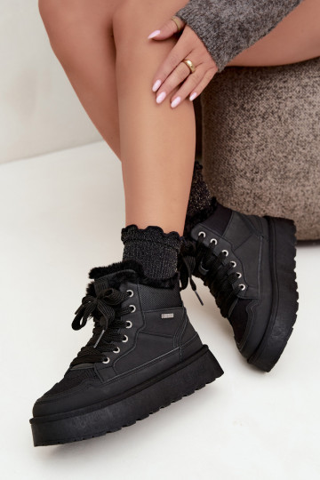 Bottes de neige pour femmes noires avec lacets et fourrure Big Star UU274167