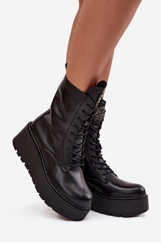 Bottines en cuir pour femmes avec ornements doublées en noir Ulrika