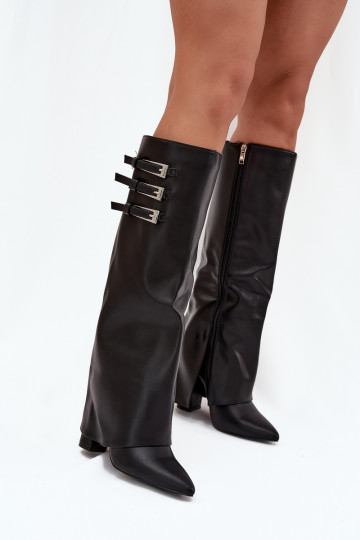 Bottes hautes pour femmes avec talons et tige à lacets, sangles avec boucles en noir Nirisa