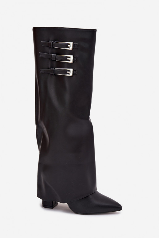 Bottes hautes pour femmes avec talons et tige à lacets, sangles avec boucles en noir Nirisa