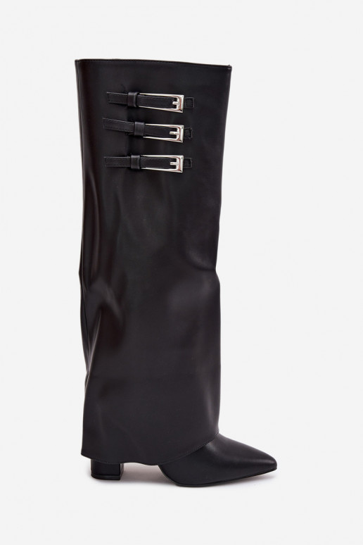 Bottes hautes pour femmes avec talons et tige à lacets, sangles avec boucles en noir Nirisa