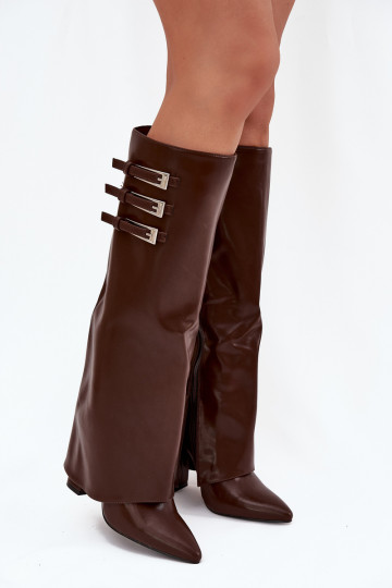 Bottes hautes pour femmes avec talons et tige à lacets, sangles avec boucles en chocolat Nirisa