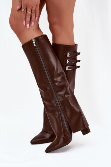 Bottes hautes pour femmes avec talons et tige à lacets, sangles avec boucles en chocolat Nirisa 2