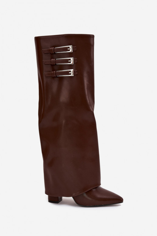 Bottes hautes pour femmes avec talons et tige à lacets, sangles avec boucles en chocolat Nirisa