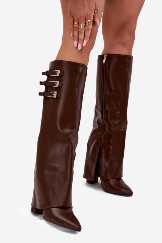 Bottes hautes pour femmes avec talons et tige à lacets, sangles avec boucles en chocolat Nirisa