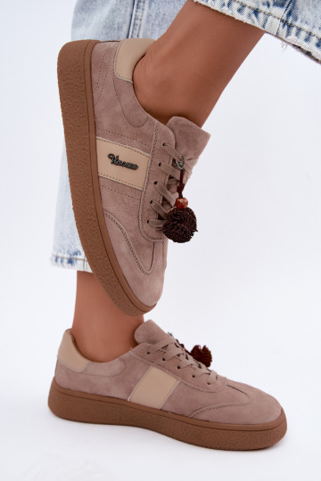 Haut aus INildleder Sneakers Stilvollllschuhe mit flauschigen Kugeln Vinceza 79682 Beige