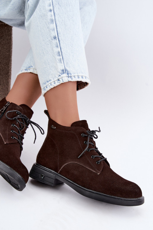 Warme suède schoenen met lage hak Vinceza 39953 chocoladekleurig