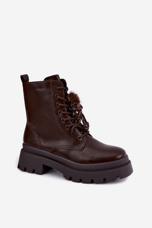 gefütterte Stiefel mit flauschigen Pompons in Schokolade Faresse