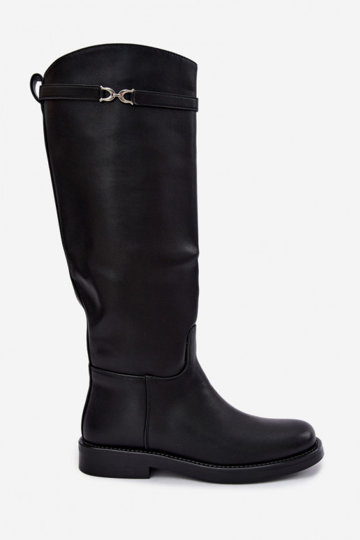 Lange Stiefel mit breiten Absätzen und dekorativen Riemen in schwarzer Farbe Famina