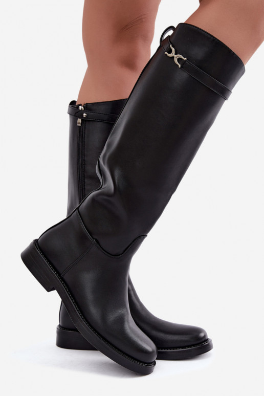 Bottes longues avec talons larges et bandes décoratives en noir Famina