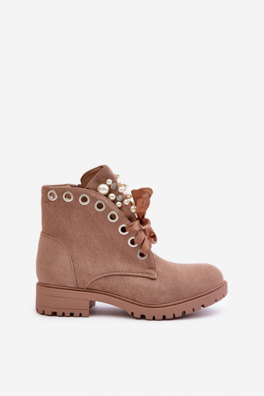 Bottines chaudes avec perles synthétiques et ruban en sable Perla