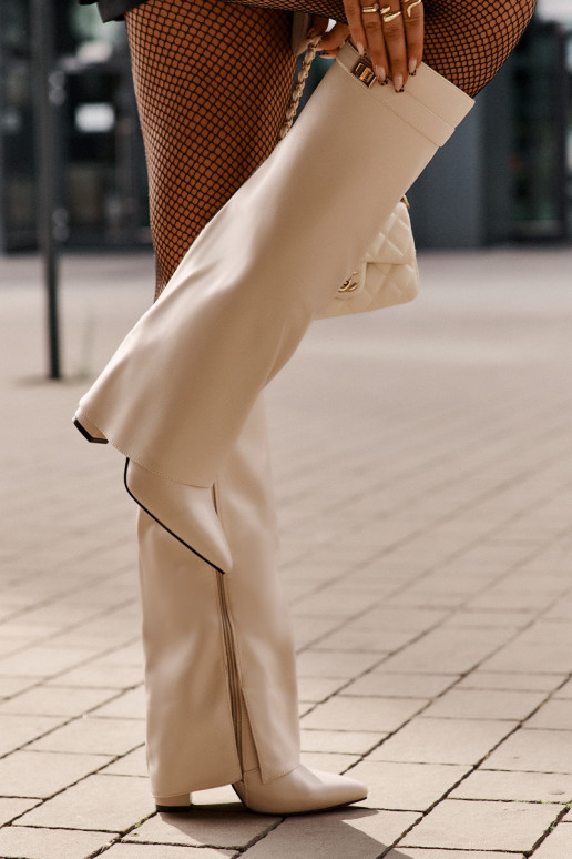 Damen Stiefel über dem Knie mit Einsätzen aus Kunstleder und Absätzen in Elfenbeinfarbe Avamora