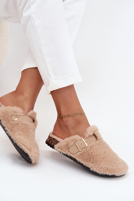 dames platformslippers met bont en gespen in zandkleur Noraline