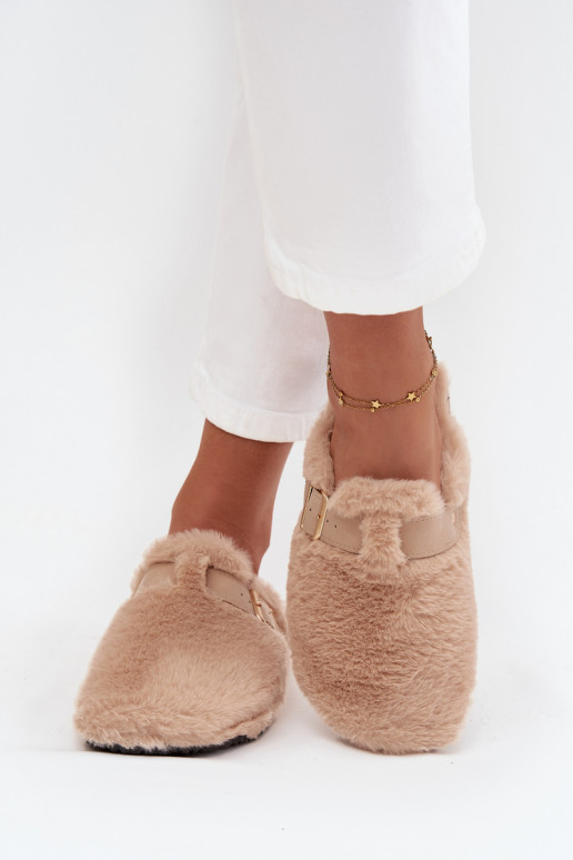 dames platformslippers met bont en gespen in zandkleur Noraline