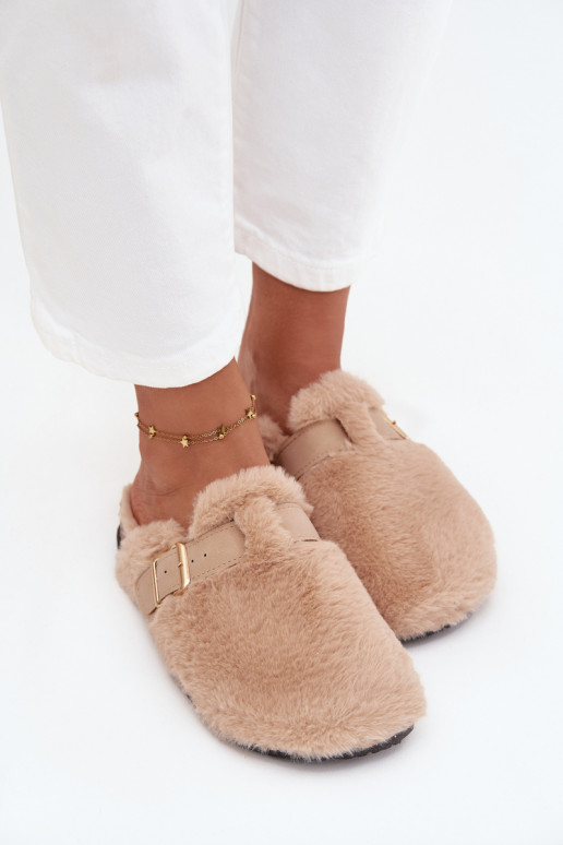 dames platformslippers met bont en gespen in zandkleur Noraline